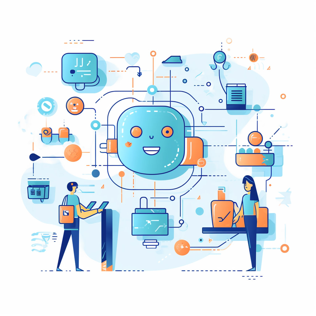 an illustration that captures the multifaceted roles of conversational AI chatbots in e-commerce. Include personalized product recommendations, guidance through the purchase process